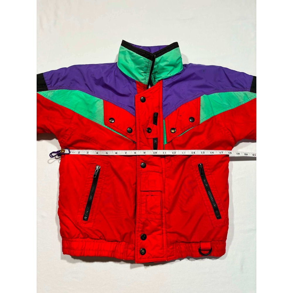 Vintage Kids M 10-12 Colorblock Ski Jacket Red Purple Green Retro 90s Puffer - Picture 8 of 12